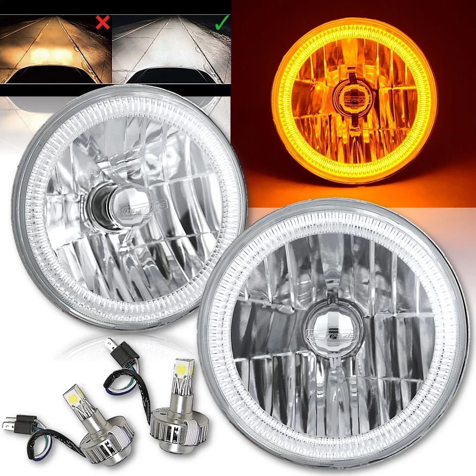 7" Halogen White LED Halo Angel Eyes Headlight Headlamp H4 Light Bulbs Pair 12v