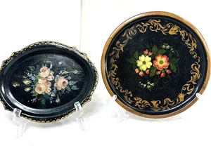 2 Vtg Black Tole Tray Roses Floral Chippy Cottage Core Shabby Small Oval Round - Picture 1 of 13