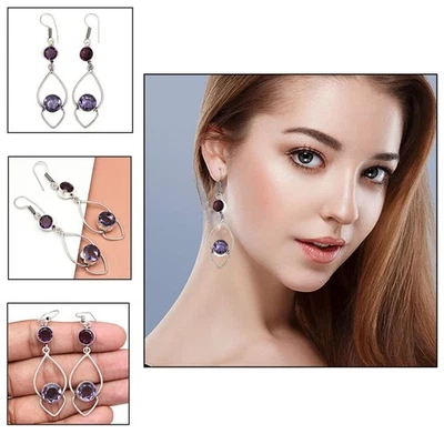 925 Silver Amethyst Sterling Gemstone Earring Jewelry Handmade Earrings Purple - Image 1 of 4