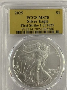 2025 American Silver Eagle PCGS MS-70 First Strike 1 of 2025 Gold Foil Label - Picture 1 of 18