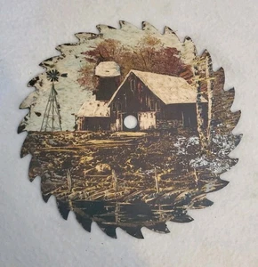 Hand Painted Farm Folk Art Circular Saw Blade Rustic Barn Windmill Vintage - Picture 1 of 4