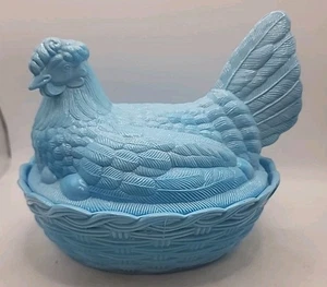 Vintage Heisey blu su scorie blu vetro gallina su nido testa girata coda divisa 8" - Foto 1 di 8
