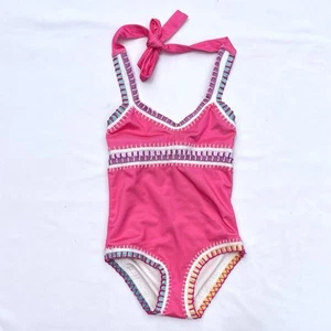 Platinum Swimwear Girls 4 One Piece Swimsuit Pink Halter Embroidered - Picture 1 of 4