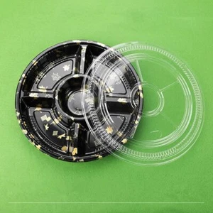 Sectioned Round Disposable Sushi Graze Snack Box with Golden Foliage Compartment - Picture 1 of 5
