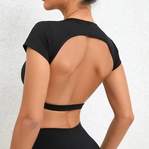 Open Back Crop Tops Backless Workout Gym Shirt Yoga Top Tight Fast-drying Sports - Picture 1 of 23