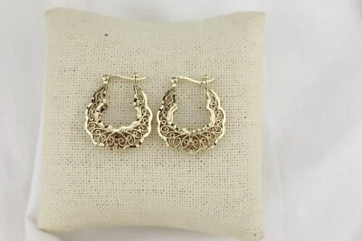925 Sterling Silver HOOP EARRINGS Gold Vermeil Fancy Filigree Detail - Image 1 of 4