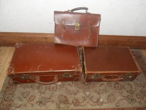 3 Vintage LEATHER Travel Cases SUITCASE Briefcase / Satchel props / display - Picture 1 of 10