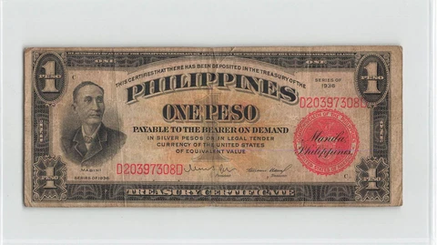 PHILIPPINES 1 Peso 1936, P-81, D20397308D, Original Circulated.  A1 Cover