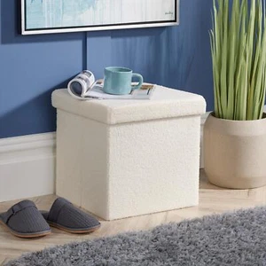 Folding Ottoman Chest Cream Boucle Teddy Bear Fabric Solid Storage Square Box - Picture 1 of 5