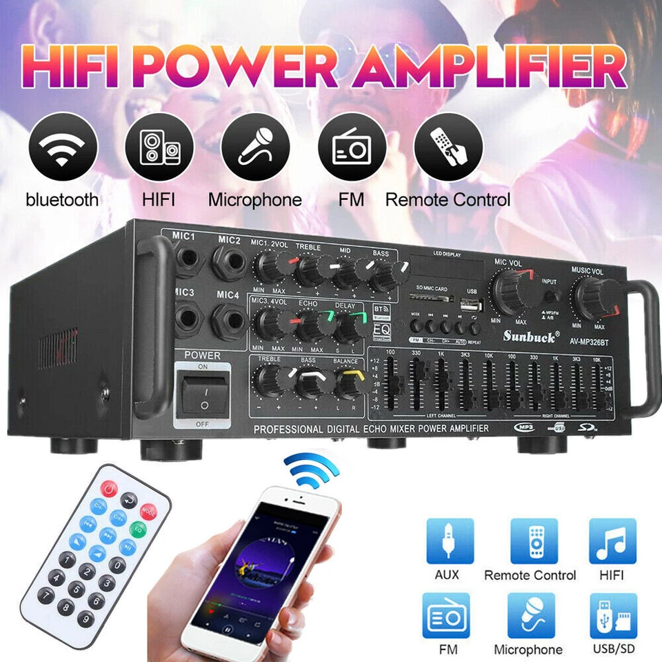 2000W Digital Power Amplifier Bluetooth Stereo HiFi Audio 2CH USB SD FM Remote - Image 1 of 4