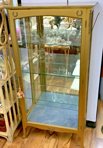 ATQ Gold Painted Wood Lighted Curio Cabinet + 3 Glass Shelves & Mirror 56"H 28"L Cover