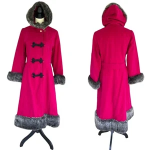 VTG 1960s 1970s Bright Pink Penny Lane Mod Hippie Wool Princess Coat Faux Fur - Picture 1 of 17
