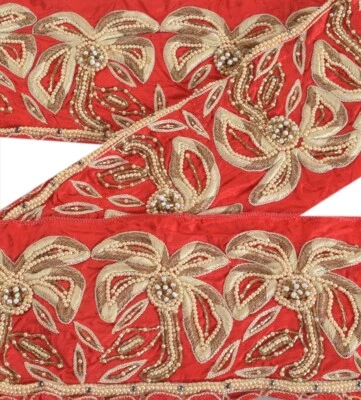 Sánskriti Vintage Sari Borde Borde Cuentas a Mano 1 Yarda Floral Artesanía Decoración Rojo Foto 1 de 4