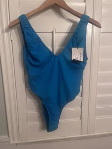 BLAUER SEXY BADEANZUG GERIPPT TÜRKIS OFFENER RÜCKEN LARGE - Bild 1 von 2