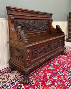 Antique French Entry Bench Settee Trunk Renaissance Revival Dark Walnut c1890s - Picture 1 of 22