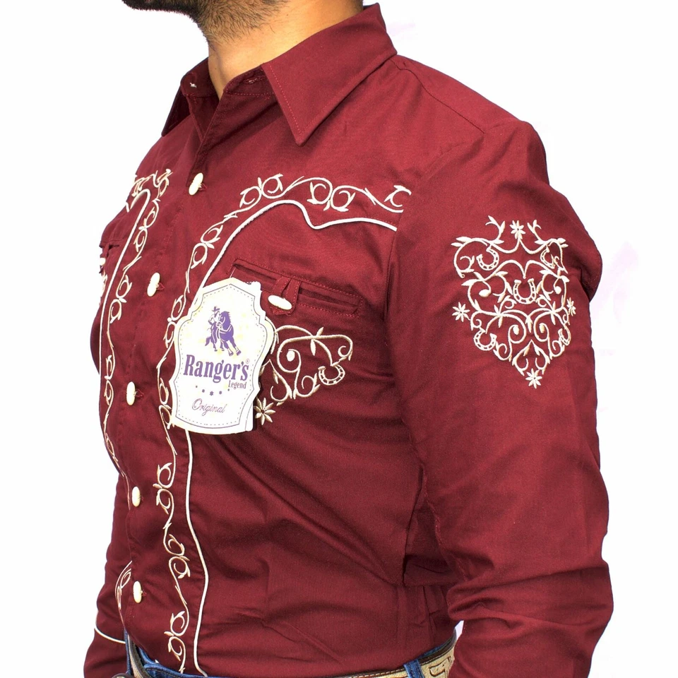 Camisa Estilo Charro Color Vino Con Bordado - Camisa Charro Western Para Hombre Foto 1 de 2