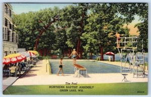 1940-50er GREEN LAKE WISCONSIN SCHWIMMBAD BAPTISTENVERSAMMLUNG ALTE POSTKARTE - Bild 1 von 2