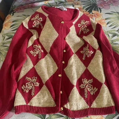 Vestido Granero Navidad Argyle Cárdigan Rojo Y Dorado Talla Grande Foto 1 de 4