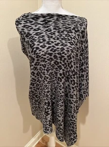 Griffen Women's O/S 1 Size Gray Black Leopard 100% Cashmere Poncho Wrap Sweater - Picture 1 of 5