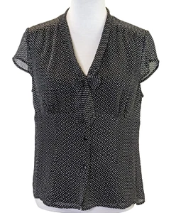 Anne Klein Sheer Blouse Black White Flutter Sleeve Bow Tie V-Neck SIZE 10 - Picture 1 of 14