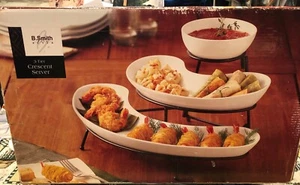 B. Smith 3 Tier Crescent Server Set - Porcelain Trays W/ Collapsible Metal Stand - Picture 1 of 4