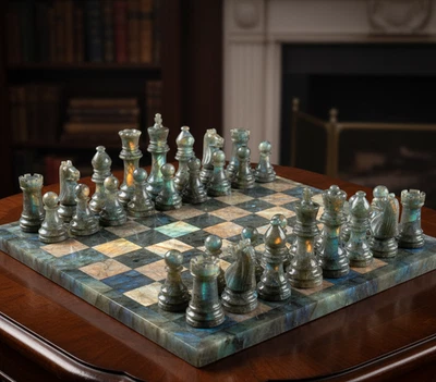 Luxury Labradorite Stone Chess Set – Unique Handmade Gemstone Board Game - Image 1 of 4