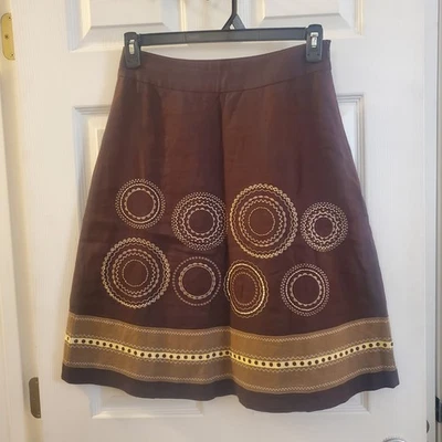 TALBOTS Talla 4 100% Lino Línea A Bordada Midi Falda Marrón Otoño Boho Academia Foto 1 de 4