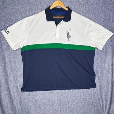 Camisa polo Ralph Lauren golfe desempenho pônei grande branca azul verde - Imagem 1 de 4