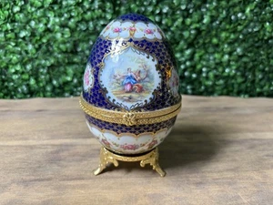 Vintage Limoges China Porcelain Egg Trinket Box Royal Blue Gilded 6” - Picture 1 of 16