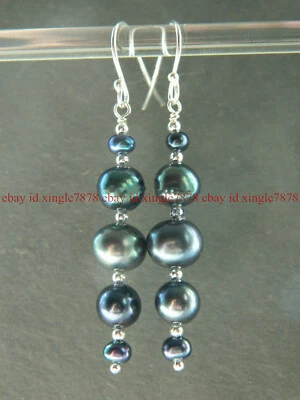 Pendientes de gancho colgantes con cuentas de perlas barrocas negras naturales Foto 1 de 4