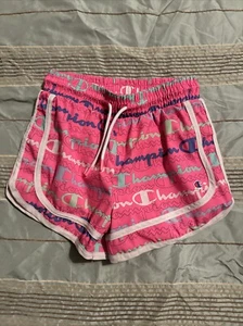Champion Shorts Big Girl 10-12 Pink Logo All Over Printed Running Elastic Waist - Picture 1 of 3
