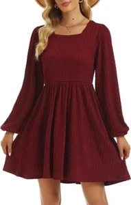 Women's Long Sleeve Sweater Dress Casual Square Neck Knee Length Knit Babydoll - Picture 1 of 8