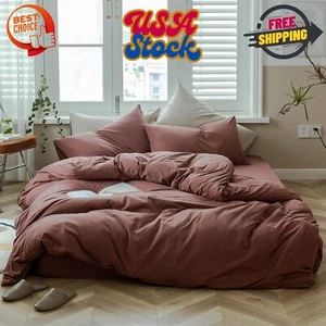 Brick Red Duvet Cover King Knitted Cotton Solid Color Bedding Set Simple Style - Picture 1 of 6