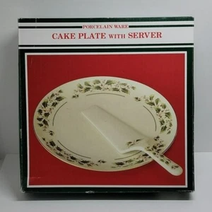 New Christmas10" Porcelain Holly & Berries White Cake Plate w/Server By Venture - Imagen 1 de 10