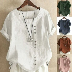 Women Summer Short Sleeve Loose Tops Cotton linen T-shirt Blouse Plus Size New - Picture 1 of 9