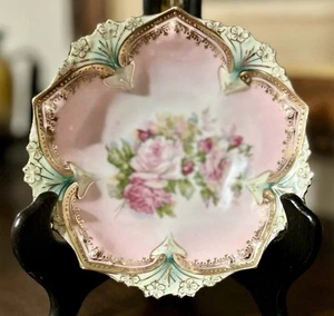 ANTIQUE RS PRUSSIA Sculpted Gilded Pink Roses PORCELAIN BOWL 1891 - Picture 1 of 14