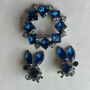 Vintage dunkelblau Strass Brosche & Clip Ohrring Krappen Set Grannycore silberfarben - Bild 1 von 11