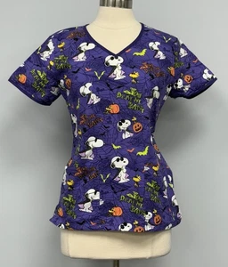 Peanuts Snoopy Halloween Scrub Top S Purple Bats Dracula Cotton Scrubs Nurse Vet - Picture 1 of 7