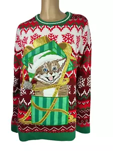 Holiday Time Christmas Sweater Size M Cat Design Multi-Color Long Sleeve - Picture 1 of 6