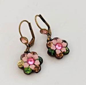 Michal Negrin Earrings Colorful Crystal Flower Drop Pink Green Signed Vintage - Picture 1 of 11