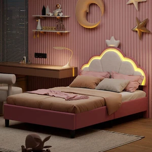 140x200cm Kinderbett Polsterbett Doppelbett Bettgestell Jugendbett mit LED Rosa - Bild 1 von 10