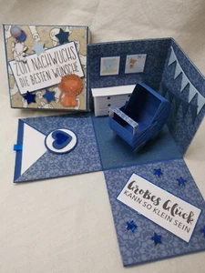Geschenkbox,Explosionsbox,Baby,Gutschein,Handarbeit,dunkelblau,Kinderwagen,8x8cm - Bild 1 von 1