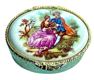 Italy Pill Snuff Box Cylinder Textured Gold Tone Painted Ceramic Lid Liner 1.5"W - Picture 1 of 11