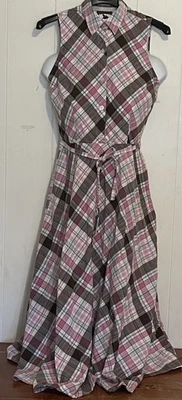 Vestido maxi xadrez marrom rosa ocidental country pradaria algodão sem mangas cintura amarrada - Imagem 1 de 4