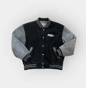 Vintage 90s NO FEAR Men's Varsity Bomber Jacket Black/Gray Suede USA Flag Sz XL - Picture 1 of 13