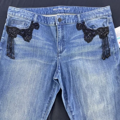 Pantalones de mezclilla ajustados azules Michael Kors tiro medio bordados con cuentas para mujer 16 lavados vintage Foto 1 de 4