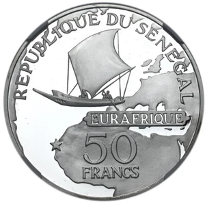 SENEGAL 50 Francs 1975 Silver Proof NGC PF69UC 'Eurafrique - Sailboat & Map' - Picture 1 of 5