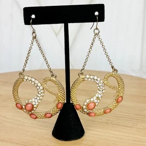 Bebe Rhinestone Beaded Snake Dangle Statement Earrings Goldtone Coral Orange - Picture 1 of 8