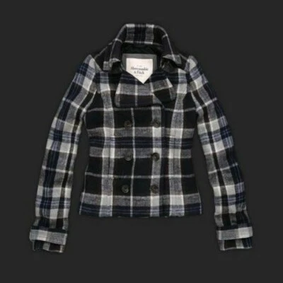 Chaqueta de Colección Y2K Abercrombie & Fitch Acolchada Azul Marino Lana a Cuadros Mujer Pequeña Foto 1 de 4