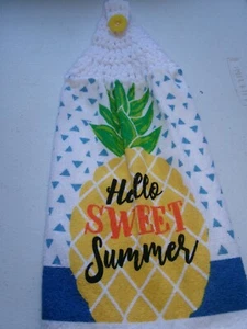 WHITE Crochet Top PINEAPPLE HELLO SWEET SUMMER Print Cotton Kitchen Towel - Picture 1 of 1